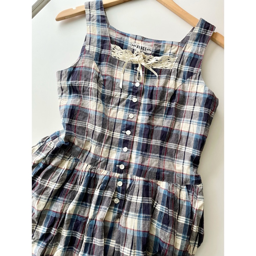 Vintage Blue Plaid Midi Dress with Cream Lace Trim